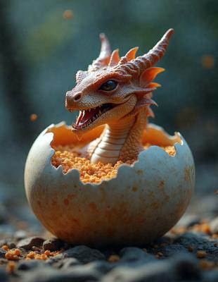 The primary subject of the image is a dragon, which is depicted in a digital art style. The dragon is sitting inside an egg, which is placed on a rock. The setting is a natural environment, with the dragon and egg being the main focus of the scene. The colors and mood of the image are predominantly dark and mysterious, with the dragon and egg being the main elements that create the atmosphere.